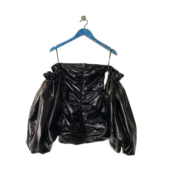 ROTATE BIRGER CHRISTENSEN Black Phoebe Vinyl Off Shoulder Mini Dress - Picture 2 of 10